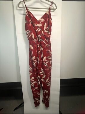 Timing Sleeveless Burgundy Floral-Leaf Print Jumpsuit. Bohemian, Beach Tropical